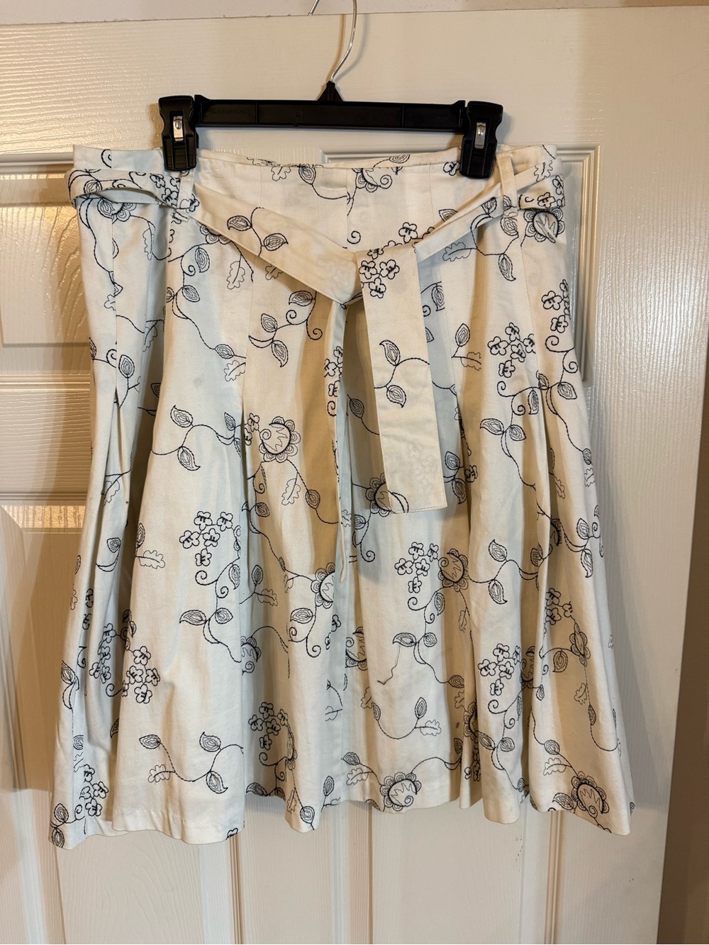 Kenar Cream Skirt with Black Floral Print and Waist Tie